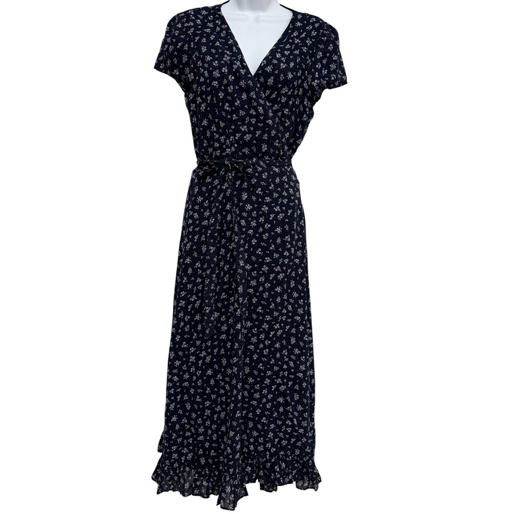 Polo Ralph Lauren Floral Wrap Dress 10 Navy Midi Cottagecore Cotton Ruffle - Picture 2 of 13